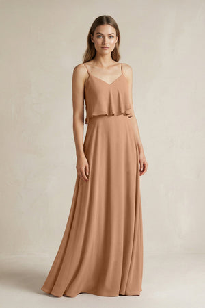 Ruffled Spaghetti Strap A - Line Chiffon Bridesmaid Dress in Bronzer - SHE IS ME Bridesmaid Dresses