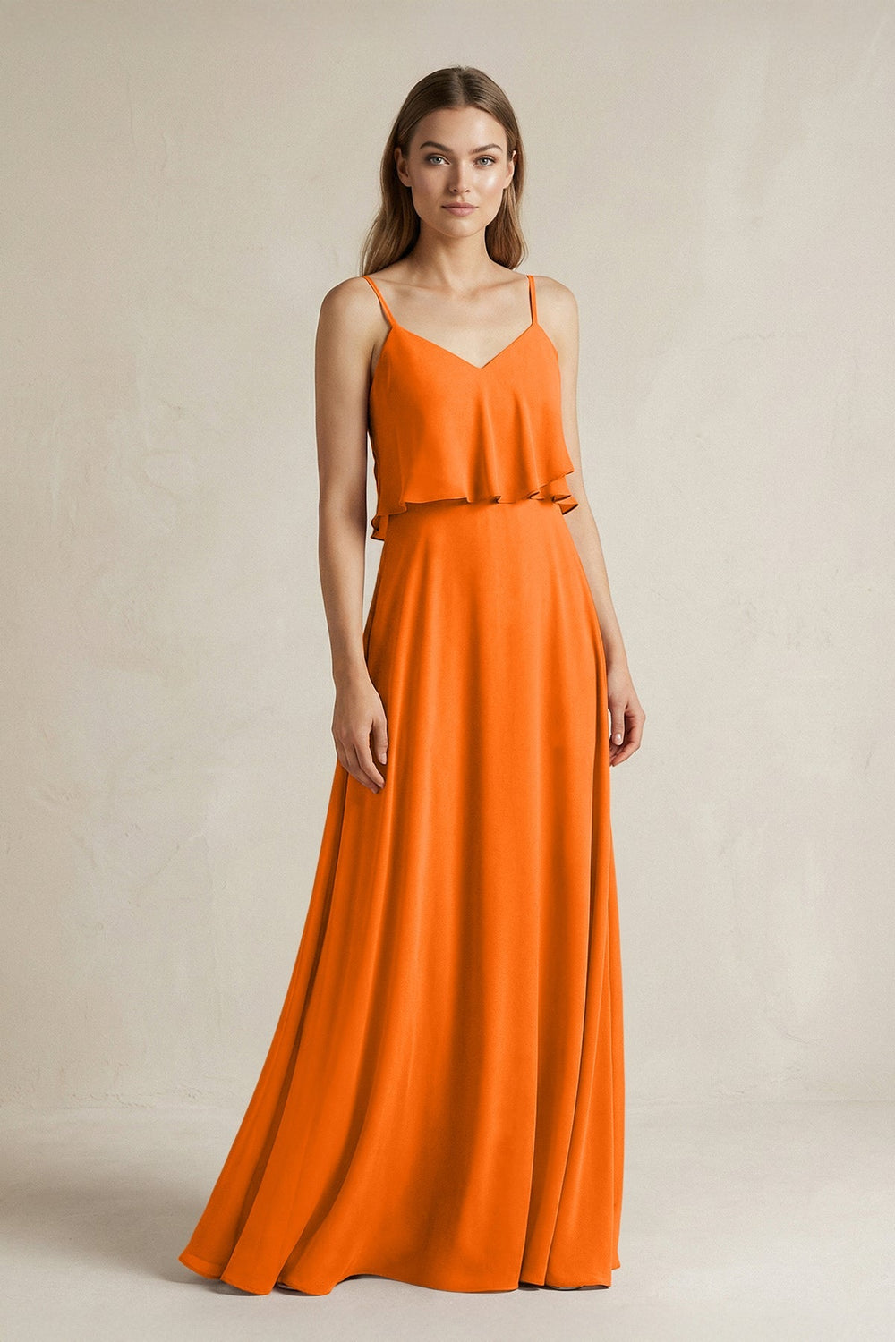 Ruffled Spaghetti Strap A - Line Chiffon Bridesmaid Dress in Cinnamon - SHE IS ME Bridesmaid Dresses