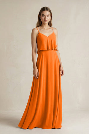 Ruffled Spaghetti Strap A - Line Chiffon Bridesmaid Dress in Cinnamon - SHE IS ME Bridesmaid Dresses