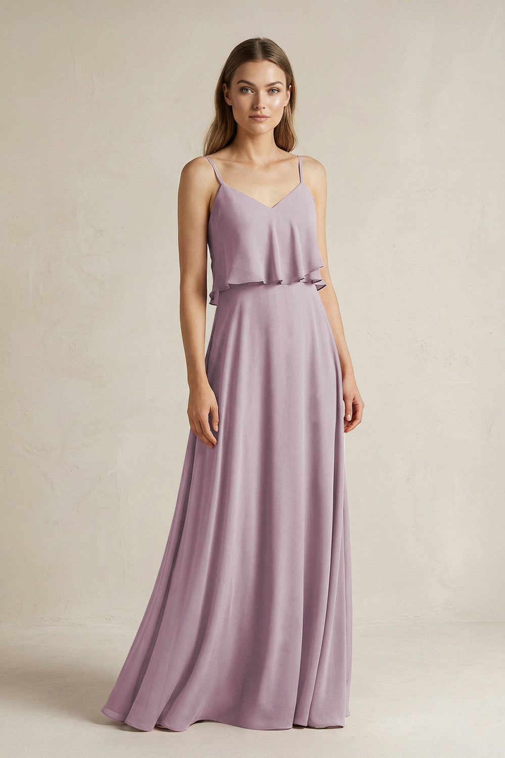 Ruffled Spaghetti Strap A - Line Chiffon Bridesmaid Dress in Dusk - SHE IS ME Bridesmaid Dresses