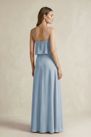 Ruffled Spaghetti Strap A - Line Chiffon Bridesmaid Dress in Dusty Blue - SHE IS ME Bridesmaid Dresses