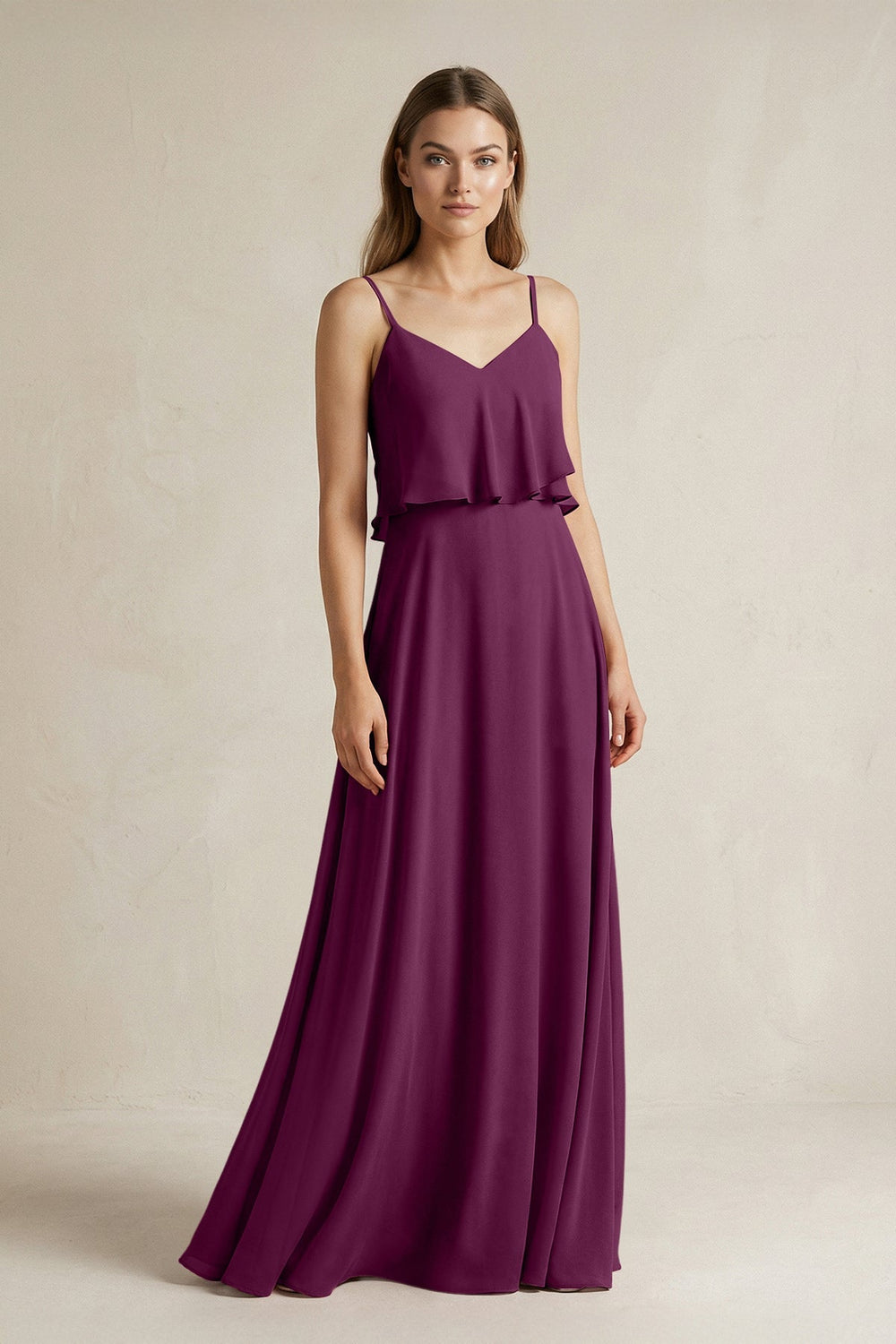 Ruffled Spaghetti Strap A - Line Chiffon Bridesmaid Dress in Fig - SHE IS ME Bridesmaid Dresses