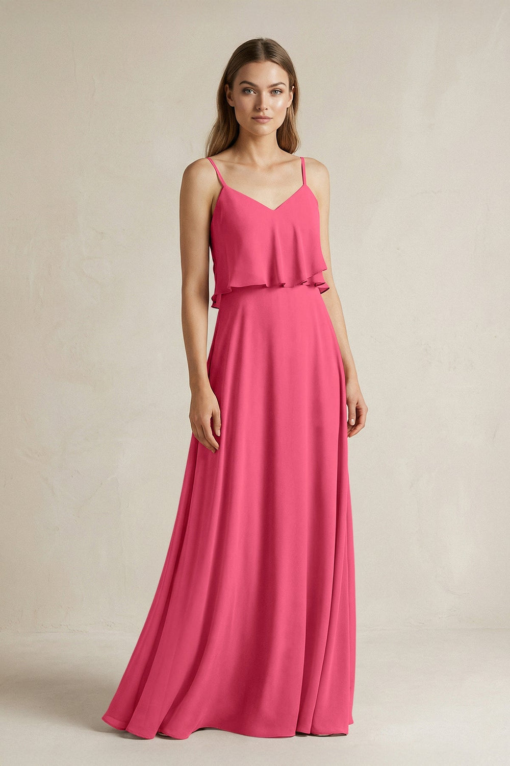 Ruffled Spaghetti Strap A - Line Chiffon Bridesmaid Dress in Fuchsia - SHE IS ME Bridesmaid Dresses