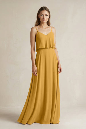 Ruffled Spaghetti Strap A - Line Chiffon Bridesmaid Dress in Marigold - SHE IS ME Bridesmaid Dresses