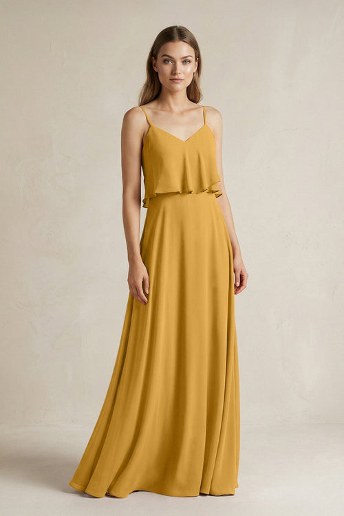Ruffled Spaghetti Strap A - Line Chiffon Bridesmaid Dress in Marigold - SHE IS ME Bridesmaid Dresses