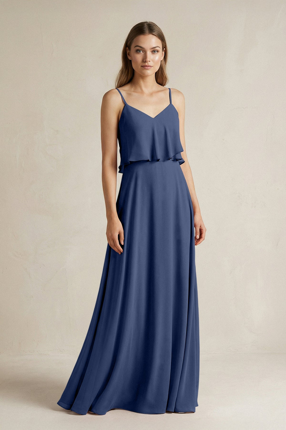 Ruffled Spaghetti Strap A - Line Chiffon Bridesmaid Dress in Navy - SHE IS ME Bridesmaid Dresses