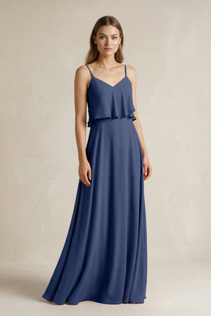 Ruffled Spaghetti Strap A - Line Chiffon Bridesmaid Dress in Navy - SHE IS ME Bridesmaid Dresses