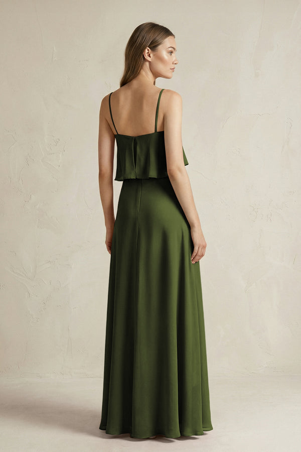 Ruffled Spaghetti Strap A - Line Chiffon Bridesmaid Dress in Olive - SHE IS ME Bridesmaid Dresses