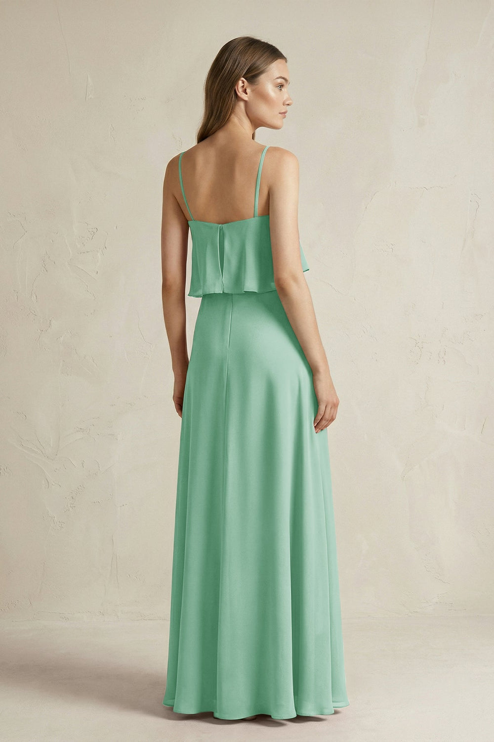 Ruffled Spaghetti Strap A - Line Chiffon Bridesmaid Dress in Pale Pistachio - SHE IS ME Bridesmaid Dresses