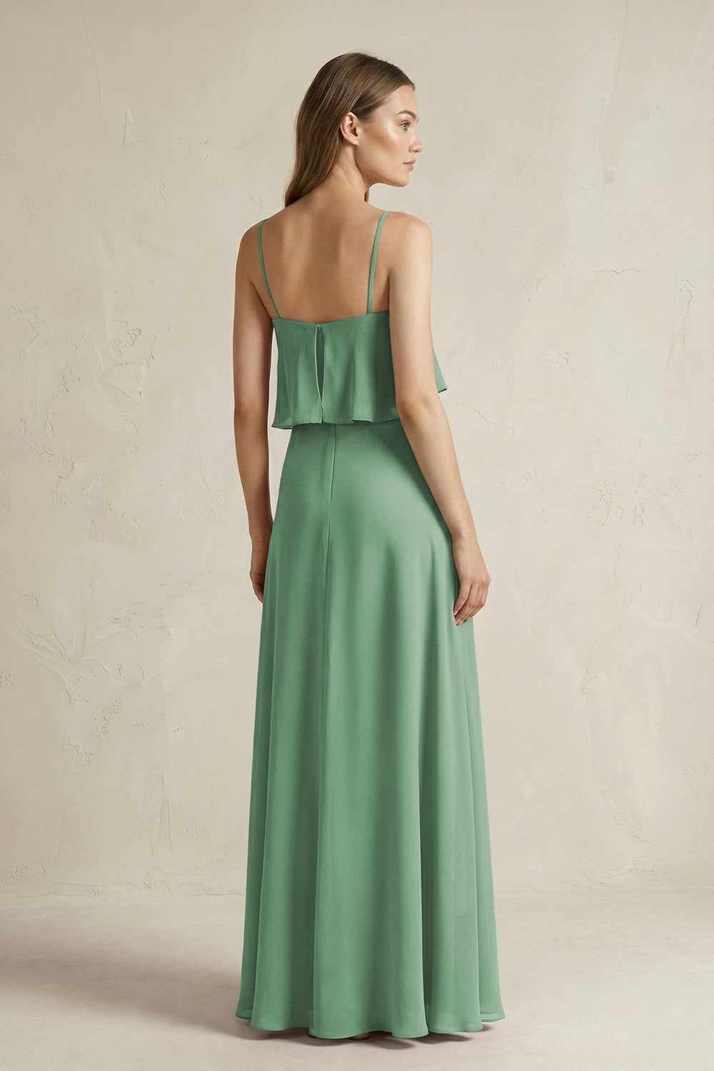 Ruffled Spaghetti Strap A - Line Chiffon Bridesmaid Dress in Sea Glass - SHE IS ME Bridesmaid Dresses