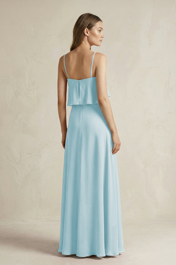 Ruffled Spaghetti Strap A - Line Chiffon Bridesmaid Dress in Sky Blue - SHE IS ME Bridesmaid Dresses
