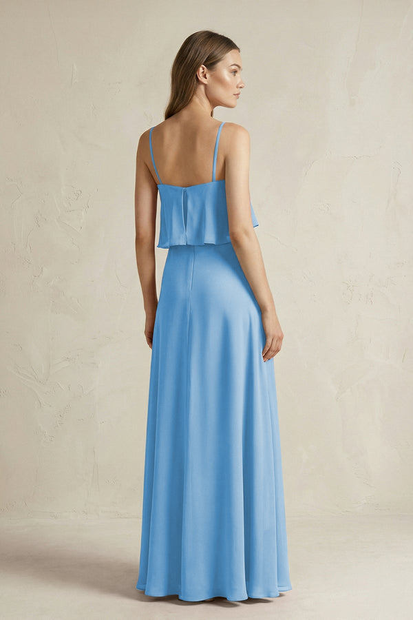 Ruffled Spaghetti Strap A - Line Chiffon Bridesmaid Dress in Steel Blue - SHE IS ME Bridesmaid Dresses