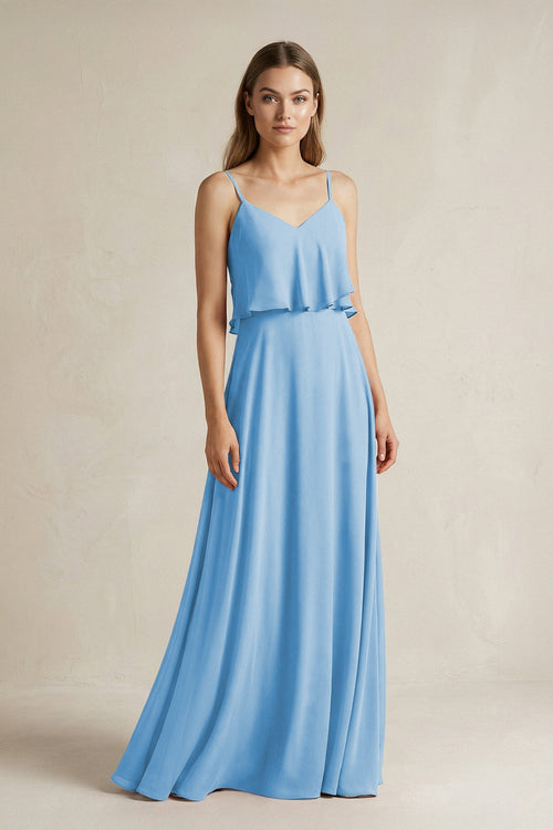 Ruffled Spaghetti Strap A - Line Chiffon Bridesmaid Dress in Steel Blue - SHE IS ME Bridesmaid Dresses