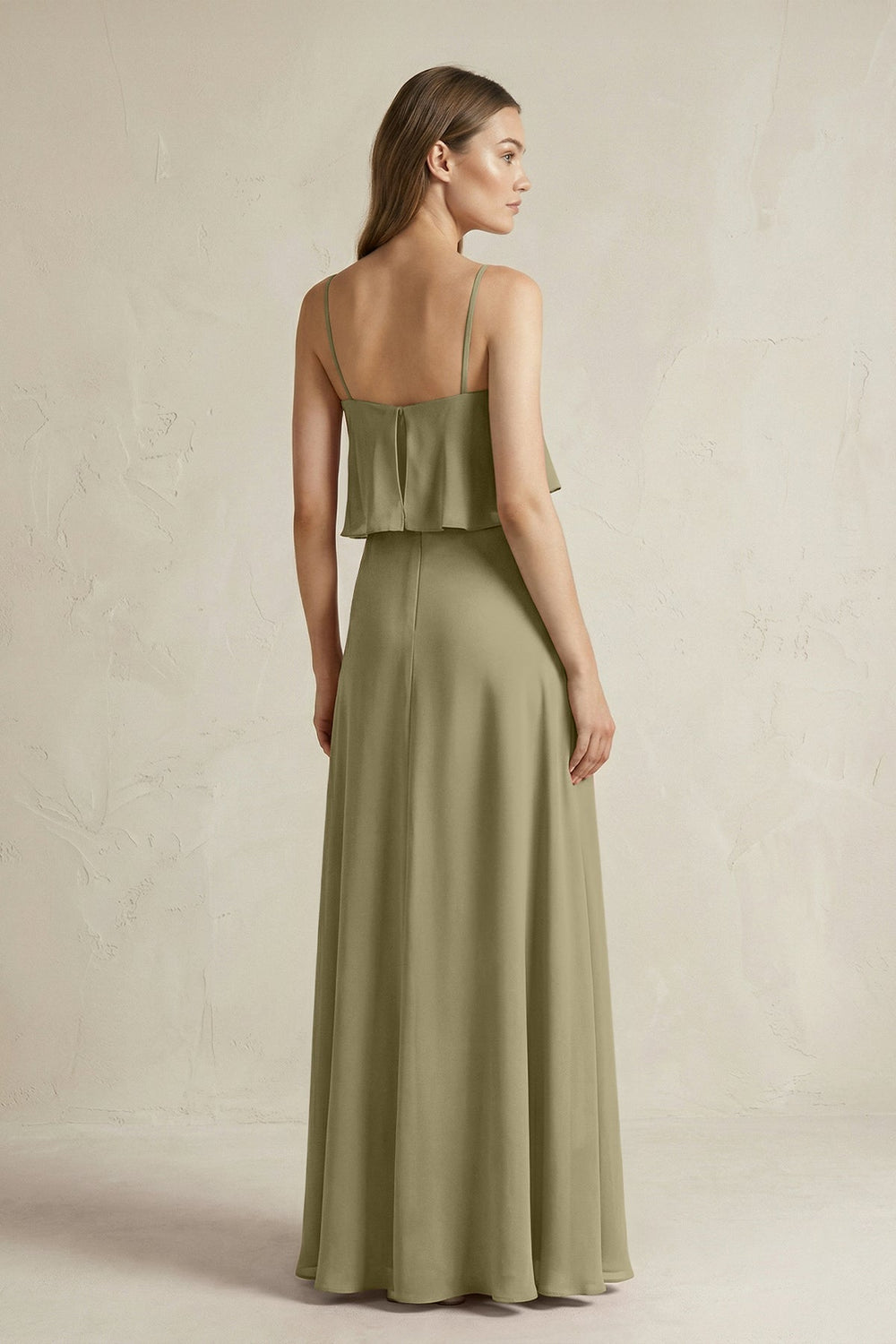 Ruffled Spaghetti Strap A - Line Chiffon Bridesmaid Dress in Thyme - SHE IS ME Bridesmaid Dresses