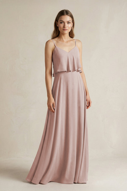 Ruffled Spaghetti Strap A - Line Chiffon Bridesmaid Dress in Toffee - SHE IS ME Bridesmaid Dresses