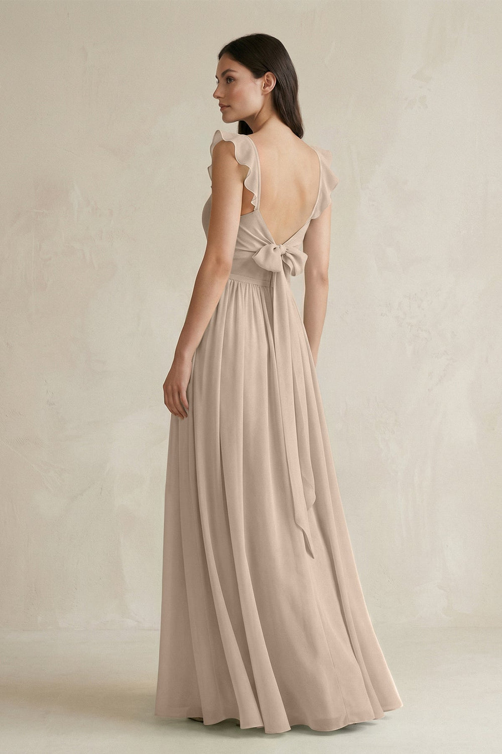 Ruffled Spaghetti Strap Chiffon A - Line Bridesmaid Dress in Almond - SHE IS ME Bridesmaid Dresses