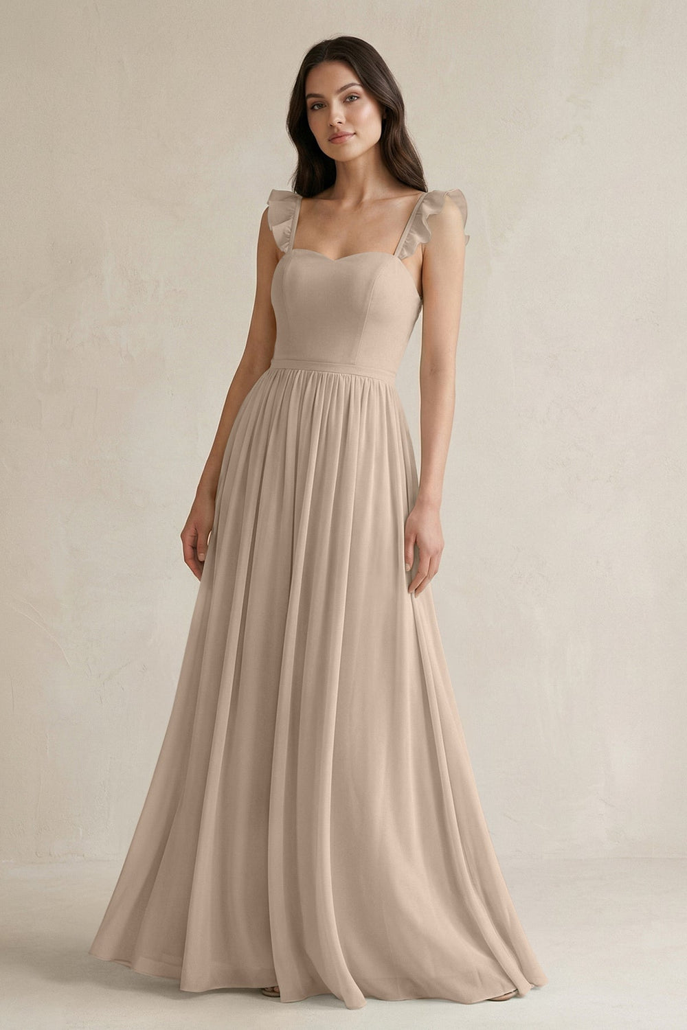 Ruffled Spaghetti Strap Chiffon A - Line Bridesmaid Dress in Almond - SHE IS ME Bridesmaid Dresses