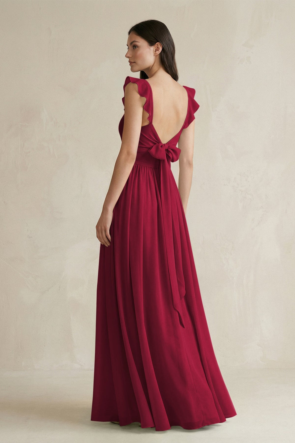 Ruffled Spaghetti Strap Chiffon A - Line Bridesmaid Dress in Berry - SHE IS ME Bridesmaid Dresses