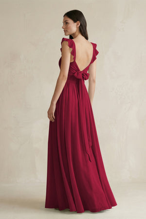 Ruffled Spaghetti Strap Chiffon A - Line Bridesmaid Dress in Berry - SHE IS ME Bridesmaid Dresses