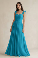 Ruffled Spaghetti Strap Chiffon A - Line Bridesmaid Dress in Blue Jay - SHE IS ME Bridesmaid Dresses