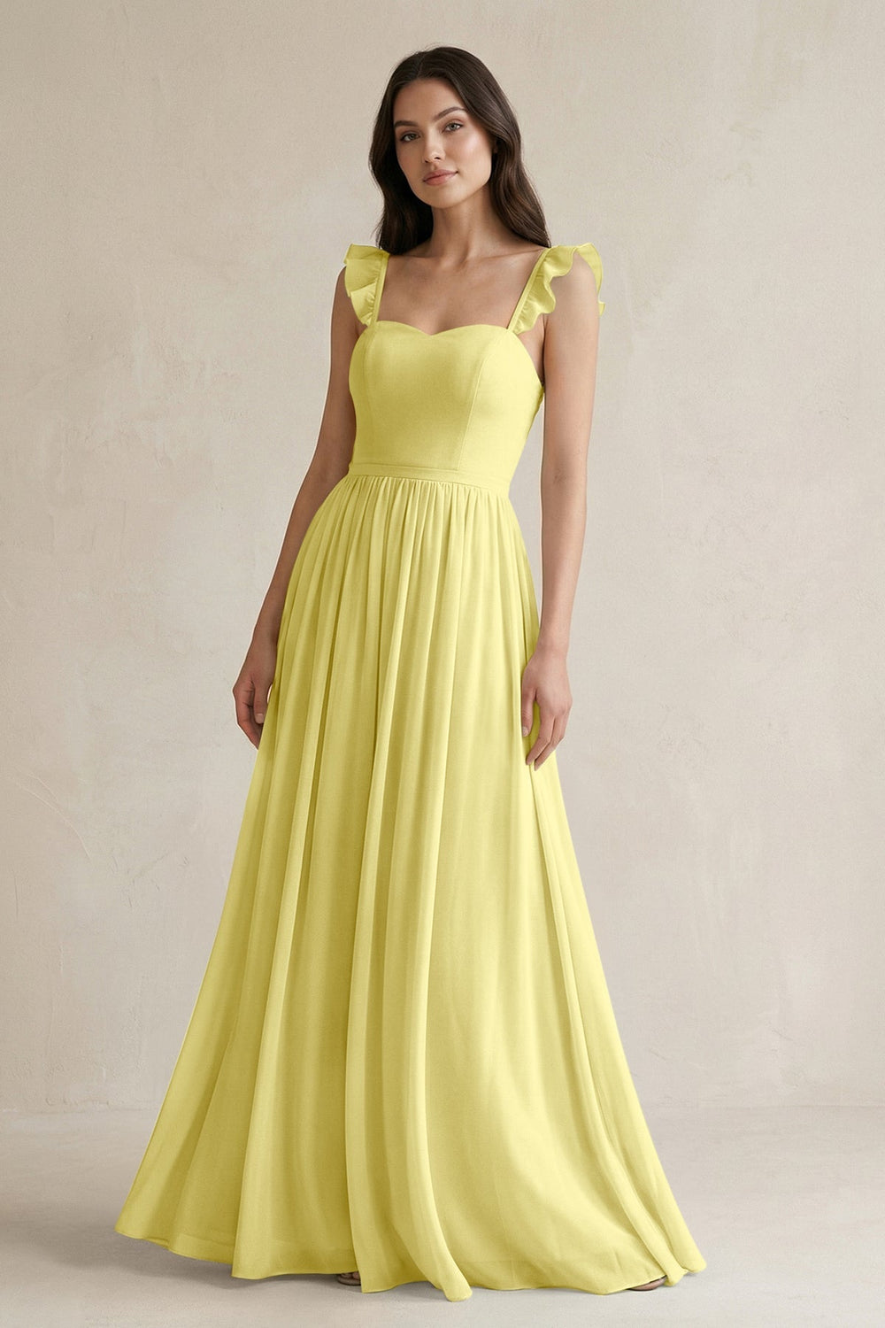 Ruffled Spaghetti Strap Chiffon A - Line Bridesmaid Dress in Buttercup - SHE IS ME Bridesmaid Dresses