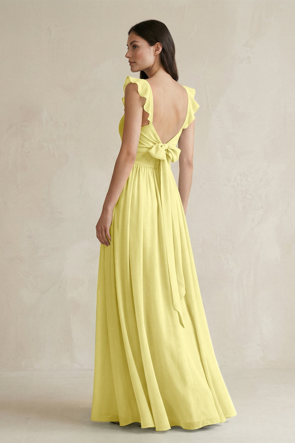 Ruffled Spaghetti Strap Chiffon A - Line Bridesmaid Dress in Buttercup - SHE IS ME Bridesmaid Dresses