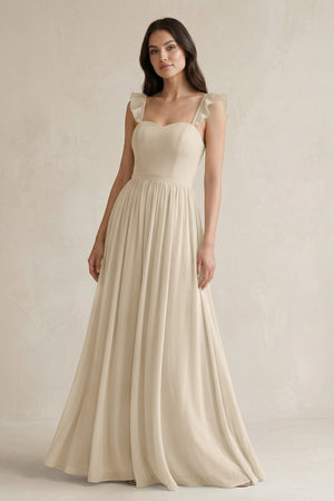 Ruffled Spaghetti Strap Chiffon A - Line Bridesmaid Dress in Champagne - SHE IS ME Bridesmaid Dresses