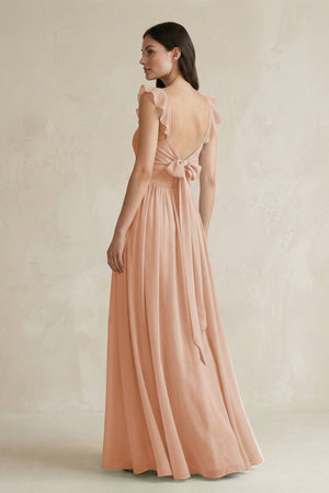 Ruffled Spaghetti Strap Chiffon A - Line Bridesmaid Dress in Champagne Rose - SHE IS ME Bridesmaid Dresses