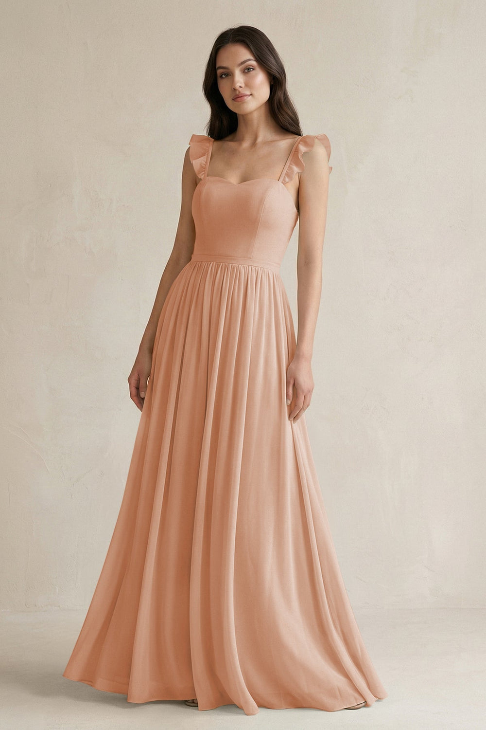 Ruffled Spaghetti Strap Chiffon A - Line Bridesmaid Dress in Champagne Rose - SHE IS ME Bridesmaid Dresses