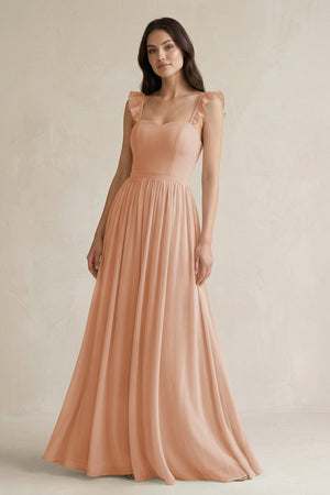 Ruffled Spaghetti Strap Chiffon A - Line Bridesmaid Dress in Champagne Rose - SHE IS ME Bridesmaid Dresses