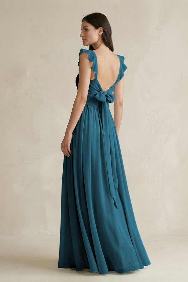 Ruffled Spaghetti Strap Chiffon A - Line Bridesmaid Dress in Dark Teal - SHE IS ME Bridesmaid Dresses