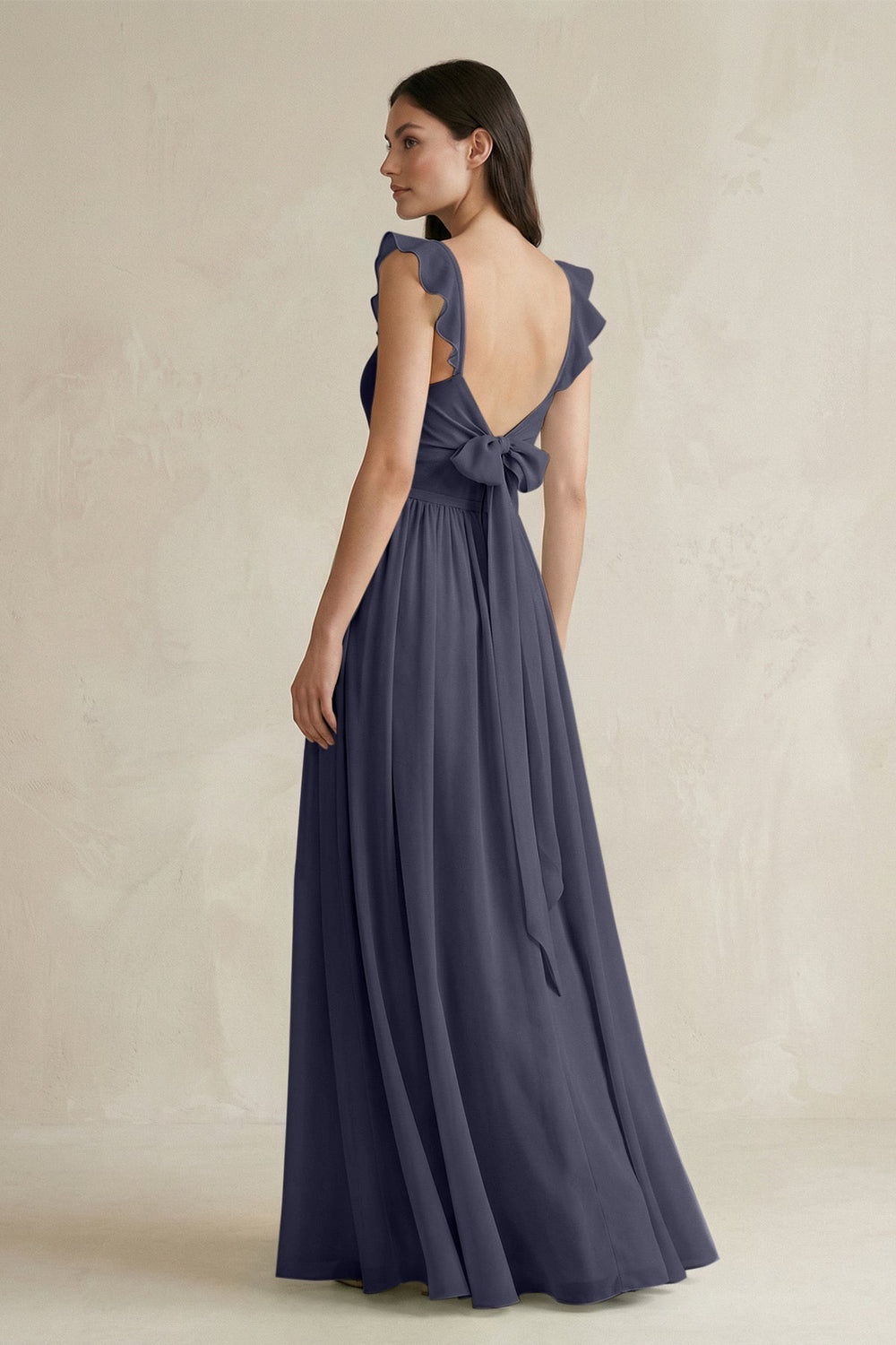Ruffled Spaghetti Strap Chiffon A - Line Bridesmaid Dress in Dusk Blue - SHE IS ME Bridesmaid Dresses