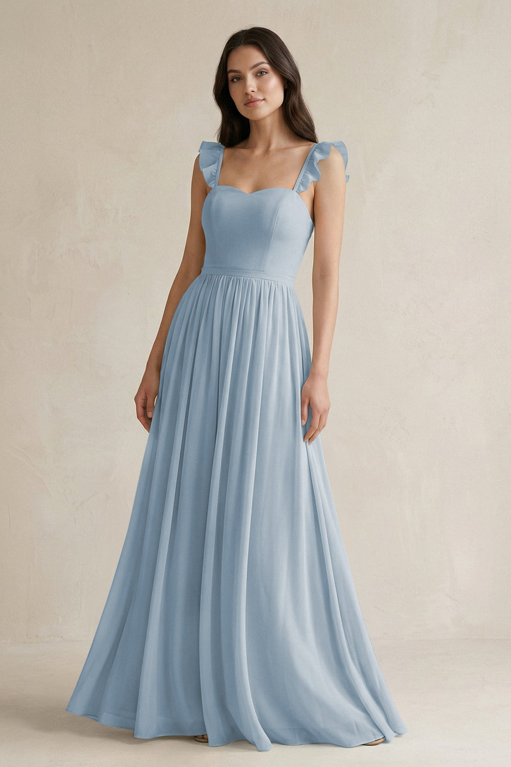 Ruffled Spaghetti Strap Chiffon A - Line Bridesmaid Dress in Dusty Blue - SHE IS ME Bridesmaid Dresses