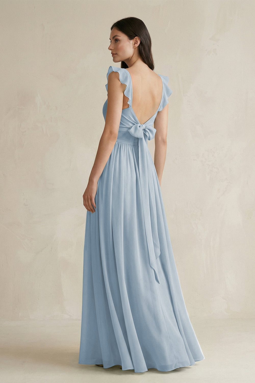 Ruffled Spaghetti Strap Chiffon A - Line Bridesmaid Dress in Dusty Blue - SHE IS ME Bridesmaid Dresses