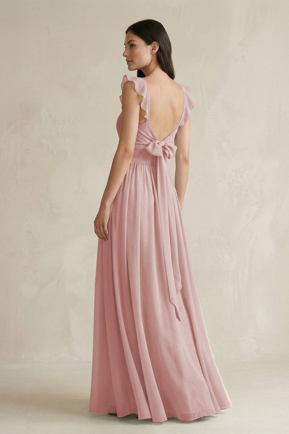 Ruffled Spaghetti Strap Chiffon A - Line Bridesmaid Dress in Dusty Rose - SHE IS ME Bridesmaid Dresses