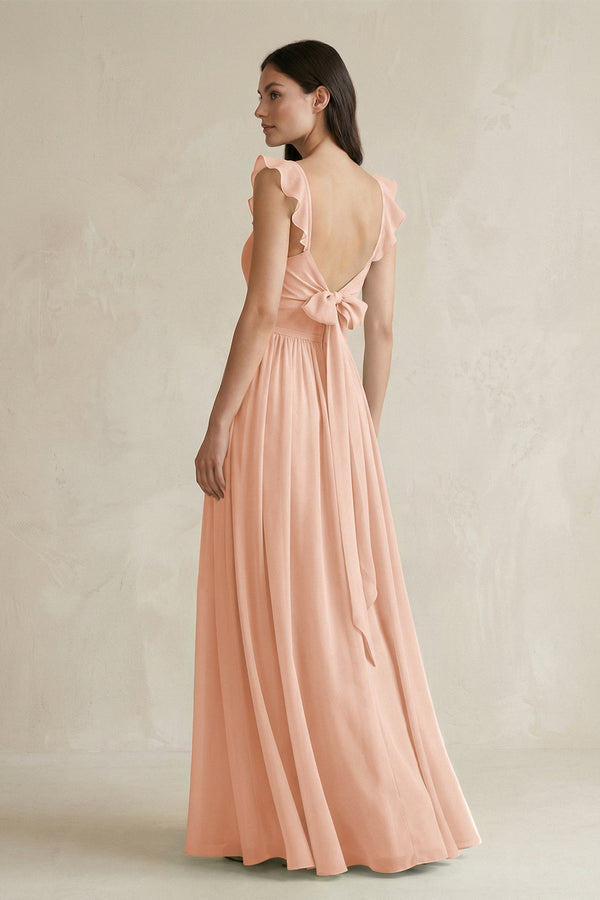 Ruffled Spaghetti Strap Chiffon A - Line Bridesmaid Dress in English Rose - SHE IS ME Bridesmaid Dresses