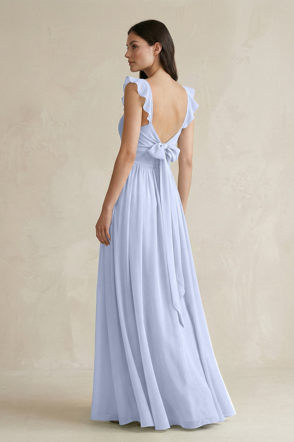 Ruffled Spaghetti Strap Chiffon A - Line Bridesmaid Dress in Ice - SHE IS ME Bridesmaid Dresses
