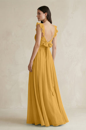 Ruffled Spaghetti Strap Chiffon A - Line Bridesmaid Dress in Marigold - SHE IS ME Bridesmaid Dresses