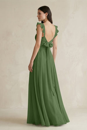 Ruffled Spaghetti Strap Chiffon A - Line Bridesmaid Dress in Moss - SHE IS ME Bridesmaid Dresses