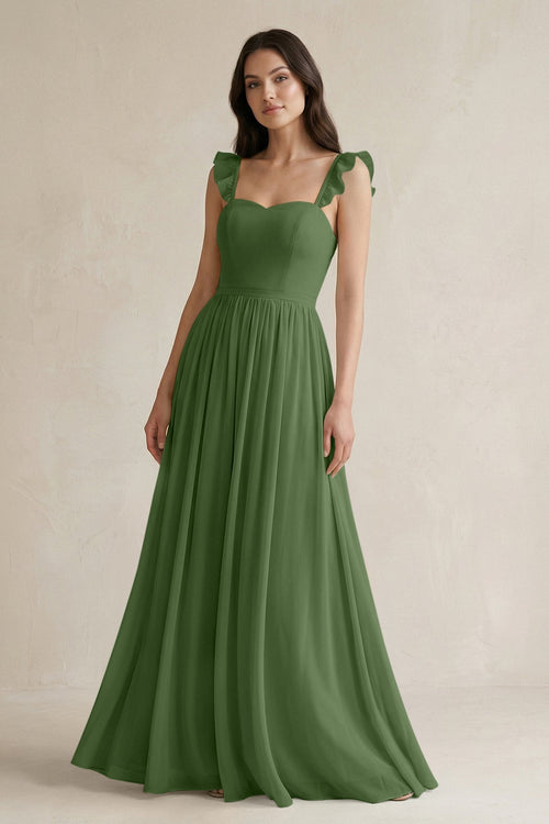 Ruffled Spaghetti Strap Chiffon A - Line Bridesmaid Dress in Moss - SHE IS ME Bridesmaid Dresses