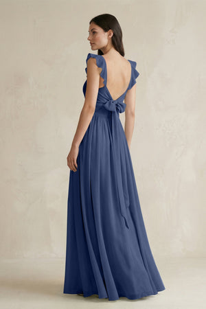 Ruffled Spaghetti Strap Chiffon A - Line Bridesmaid Dress in Navy - SHE IS ME Bridesmaid Dresses