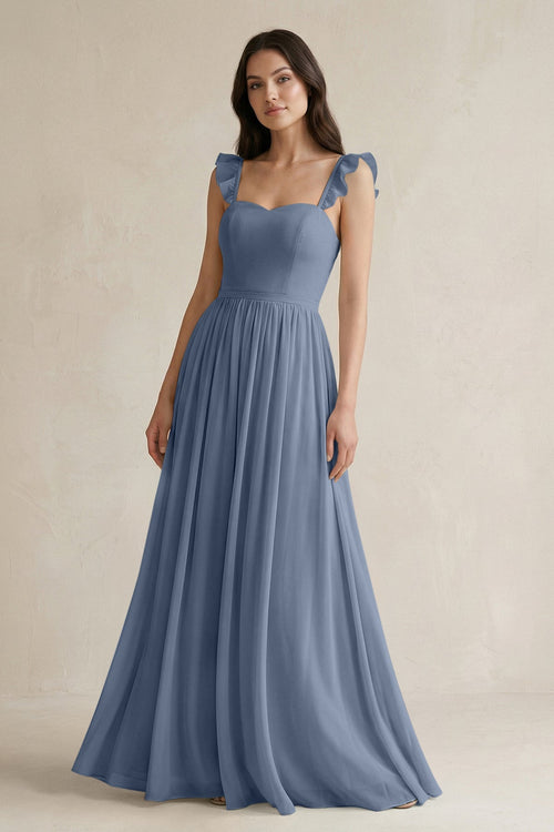 Ruffled Spaghetti Strap Chiffon A - Line Bridesmaid Dress in Neptune - SHE IS ME Bridesmaid Dresses