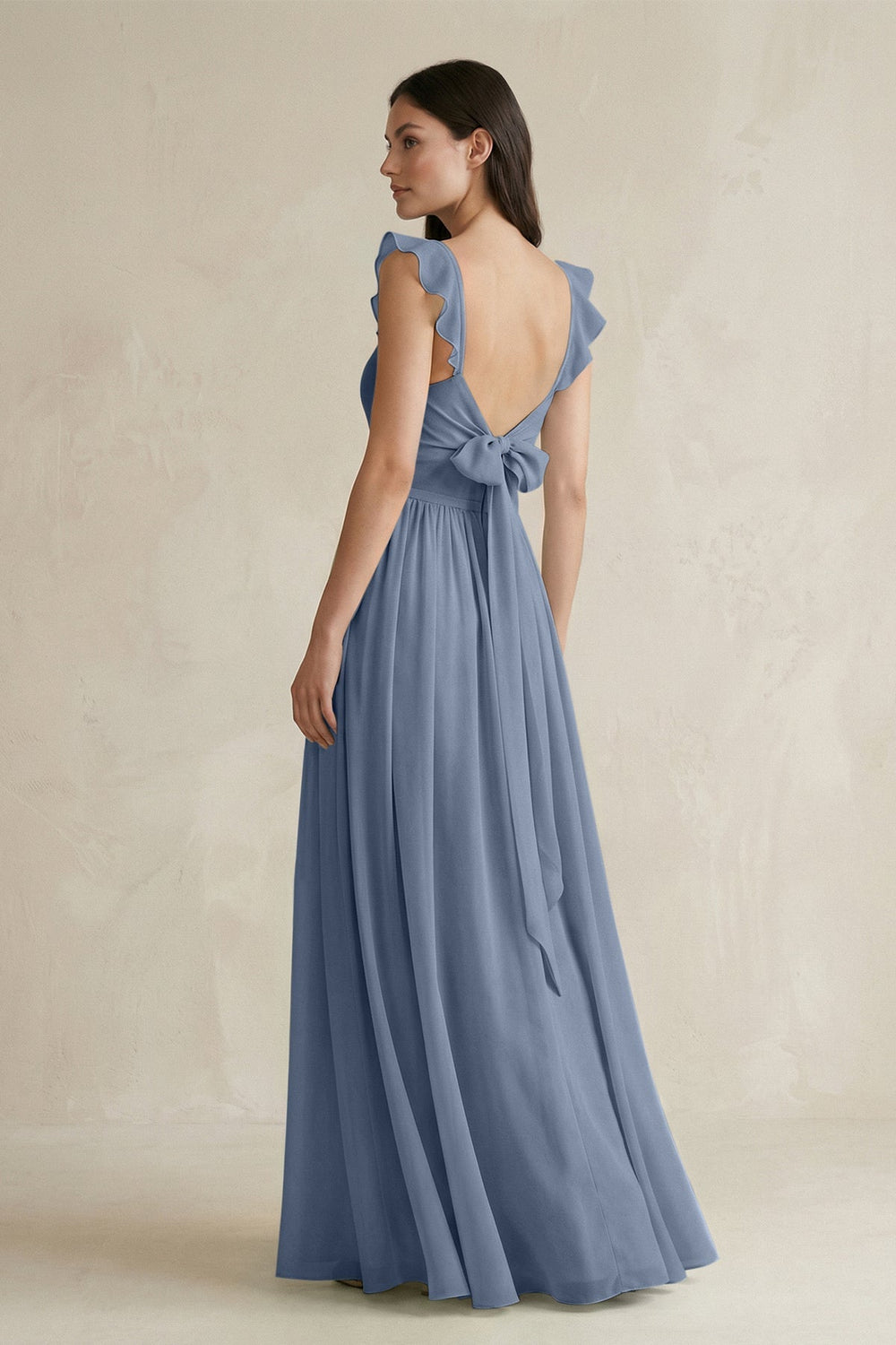 Ruffled Spaghetti Strap Chiffon A - Line Bridesmaid Dress in Neptune - SHE IS ME Bridesmaid Dresses