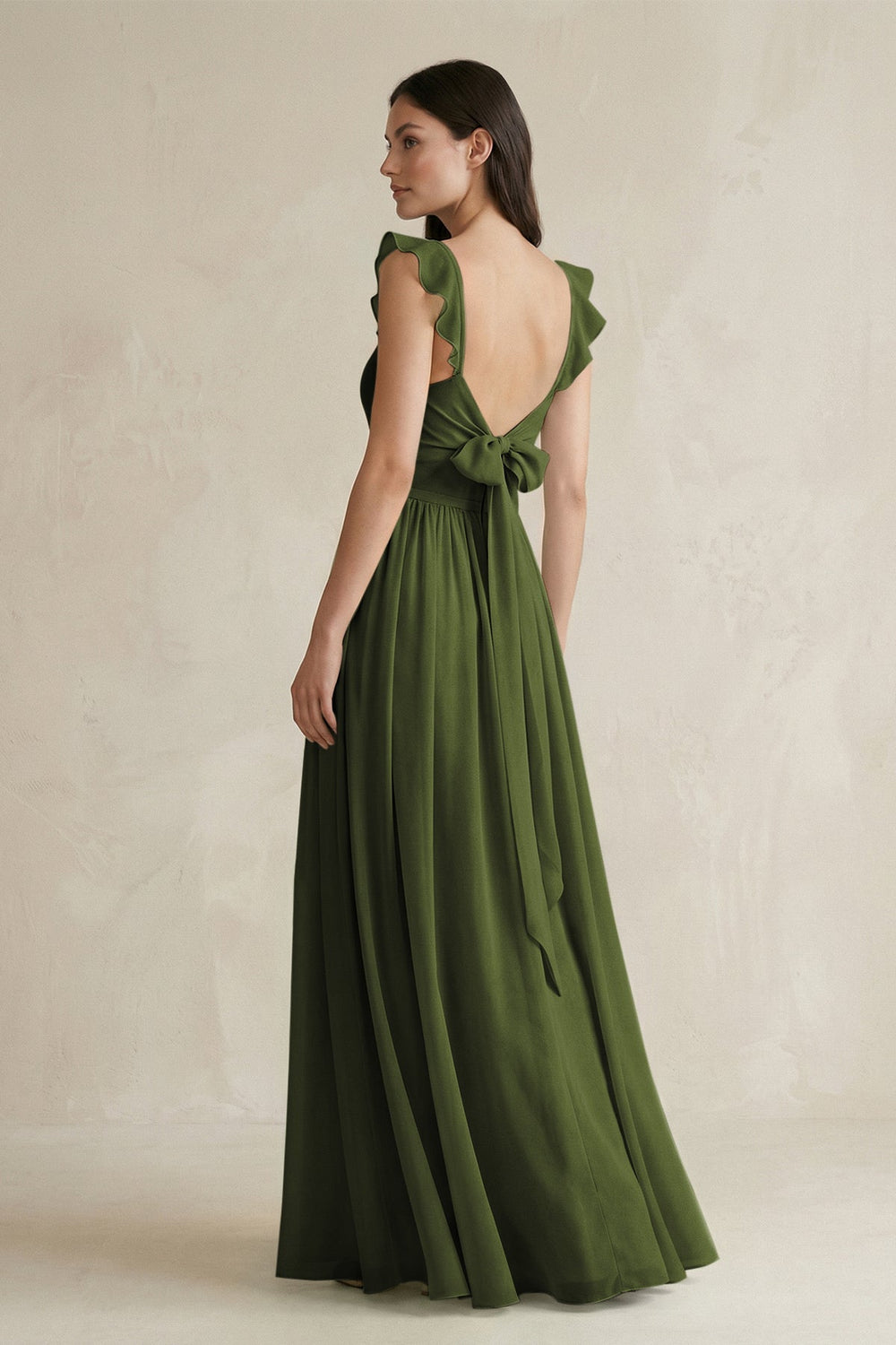 Ruffled Spaghetti Strap Chiffon A - Line Bridesmaid Dress in Olive - SHE IS ME Bridesmaid Dresses