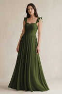 Ruffled Spaghetti Strap Chiffon A - Line Bridesmaid Dress in Olive - SHE IS ME Bridesmaid Dresses