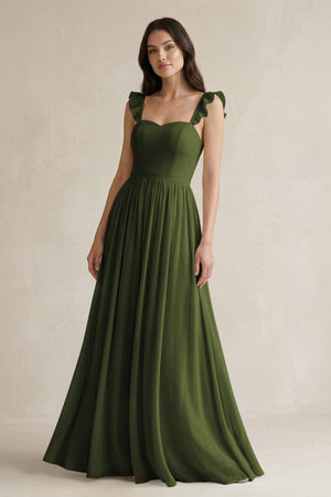 Ruffled Spaghetti Strap Chiffon A - Line Bridesmaid Dress in Olive - SHE IS ME Bridesmaid Dresses