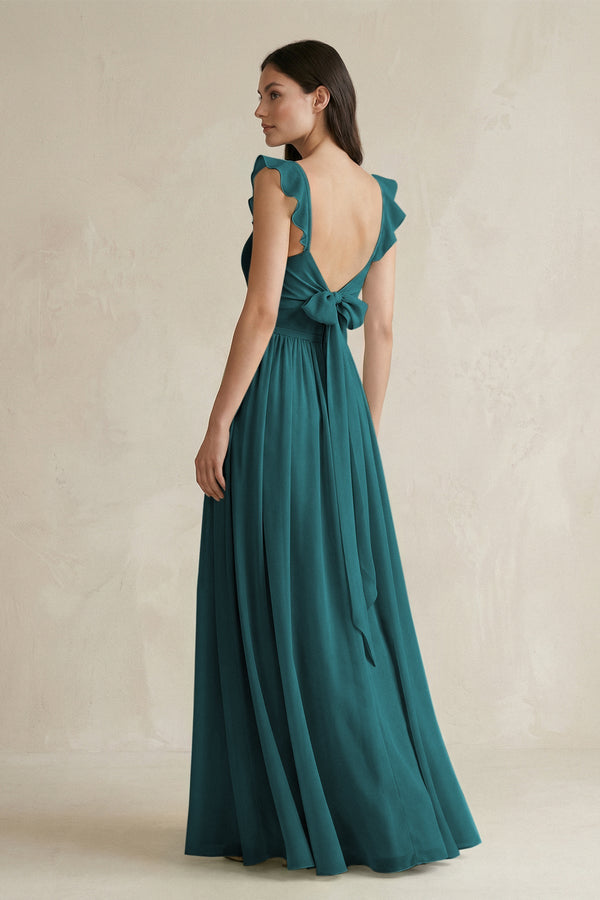 Ruffled Spaghetti Strap Chiffon A - Line Bridesmaid Dress in Pine - SHE IS ME Bridesmaid Dresses