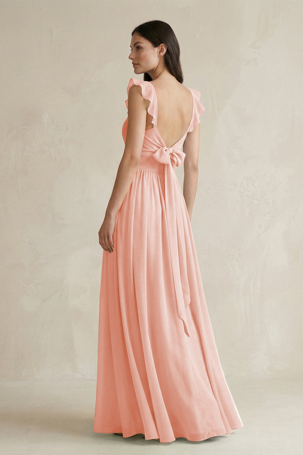 Ruffled Spaghetti Strap Chiffon A - Line Bridesmaid Dress in Rose Petal - SHE IS ME Bridesmaid Dresses