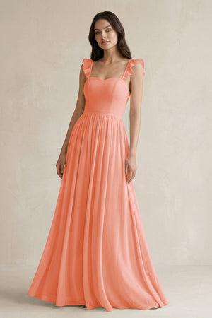Ruffled Spaghetti Strap Chiffon A - Line Bridesmaid Dress in Rosette - SHE IS ME Bridesmaid Dresses