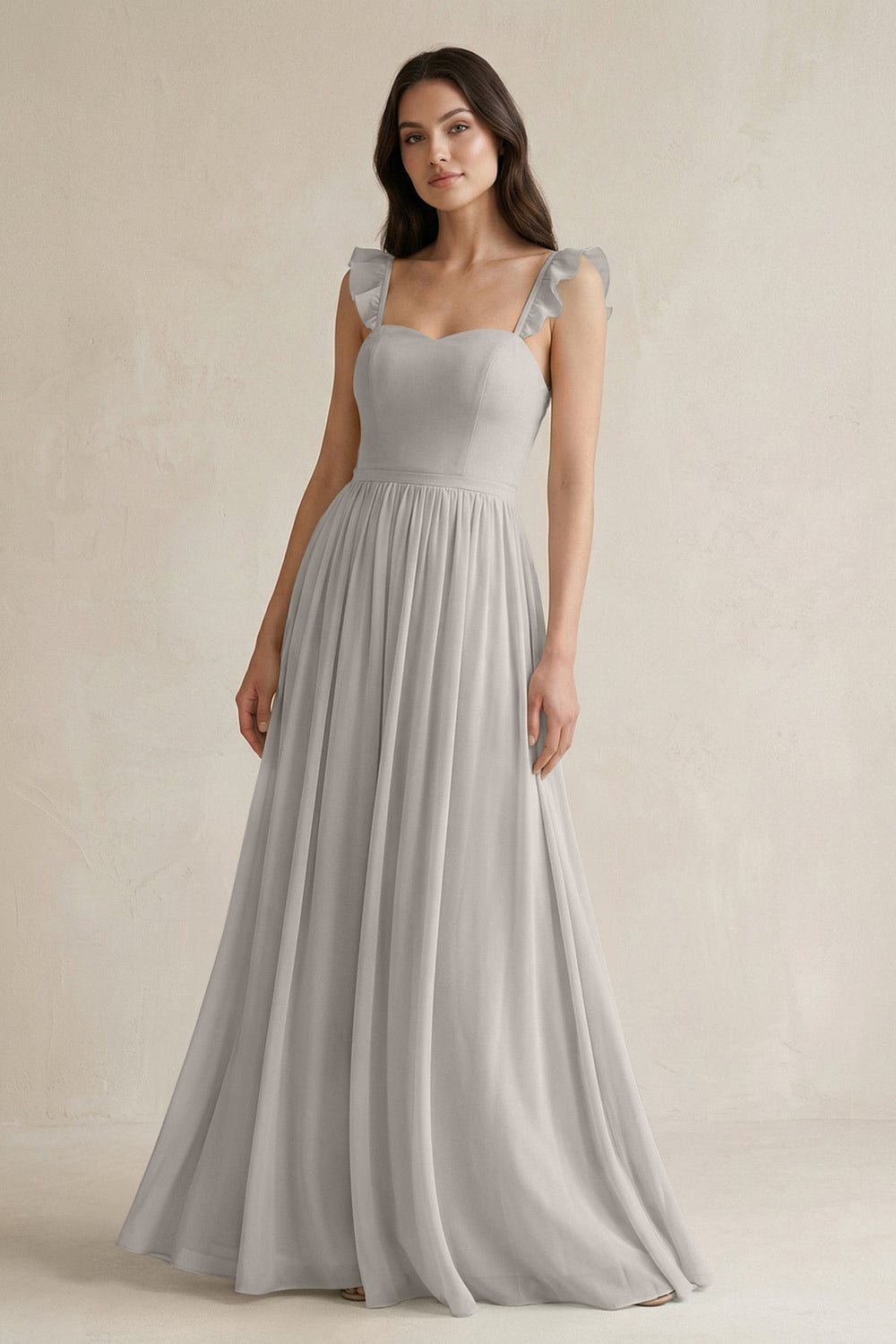 Ruffled Spaghetti Strap Chiffon A - Line Bridesmaid Dress in Silver - SHE IS ME Bridesmaid Dresses